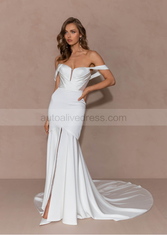 Ivory Satin Slit Minimalist Wedding Dress With Detachable Straps